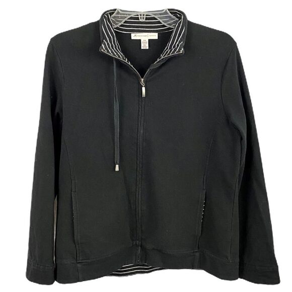 JM Collection Navy Blue Stripe aAccent Zip Jacket Size PM - Picture 1 of 7